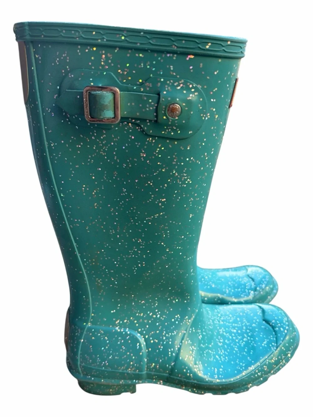 Hunter Original Kids Giant Glitter Tall Waterproof Rain Boots Teal Size 3 Y EU34